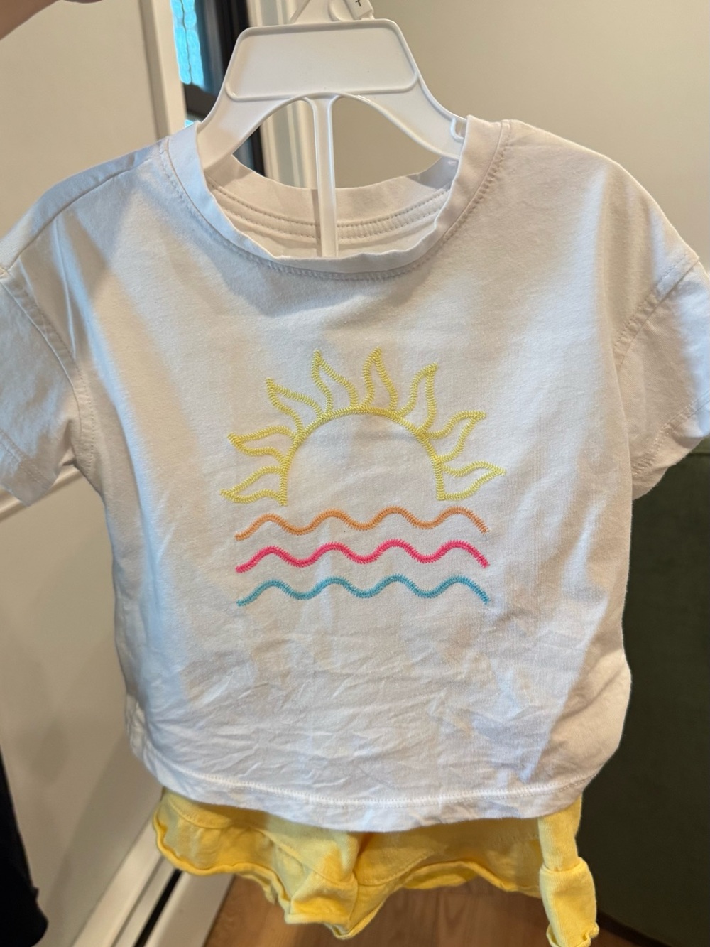 Kids White Sun Graphic Tee with Pastel Waves and matching short set